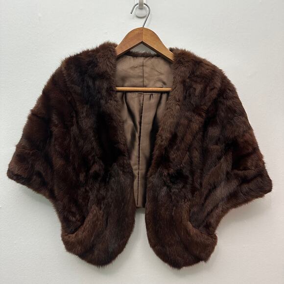 Vintage Brown Mink Fur Stole Capelet Shawl Wrap Union Label Satin Lined - Picture 1 of 16